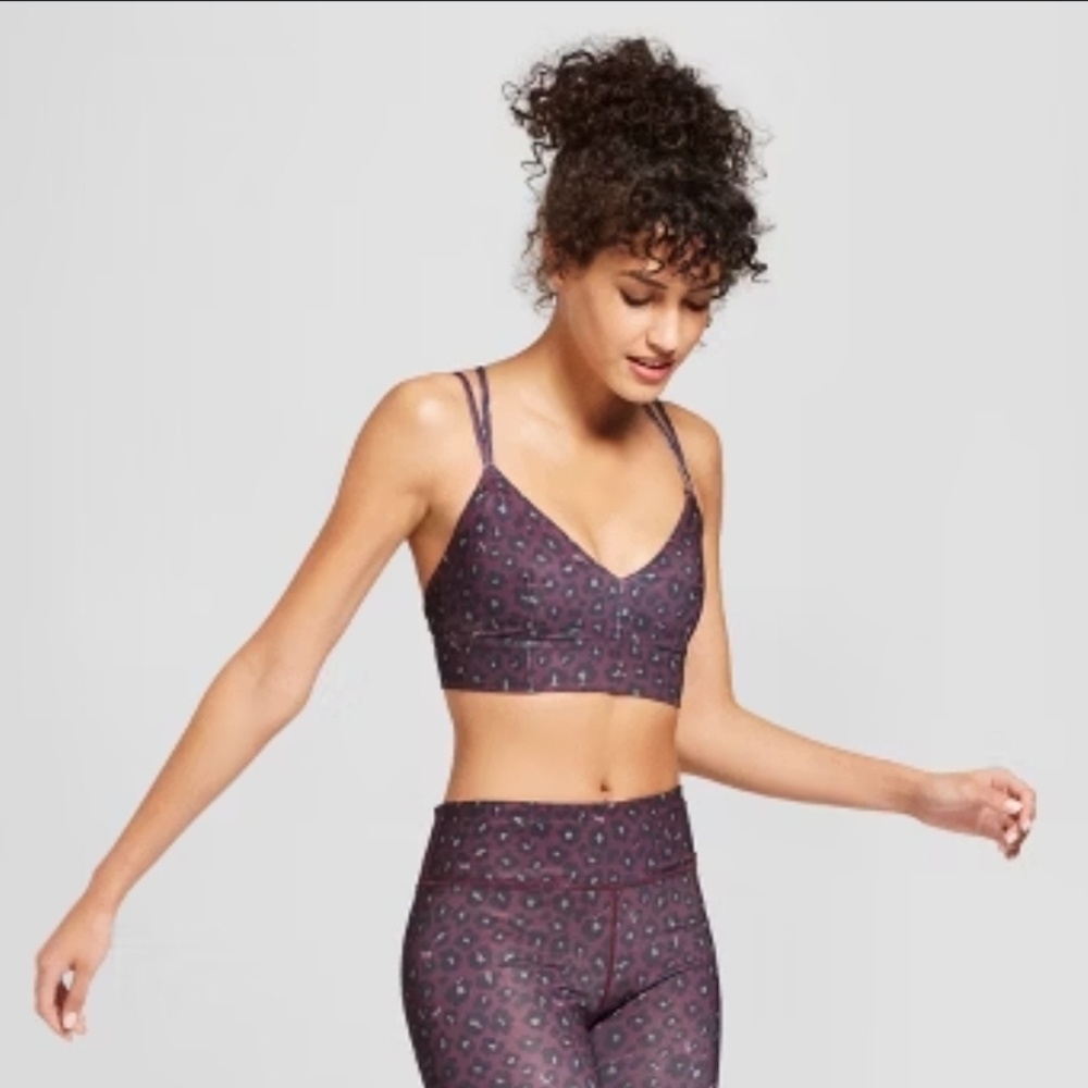 Womens Leopard Print V-Neck Strappy Back Sports Bra - JoyLab Red Wine